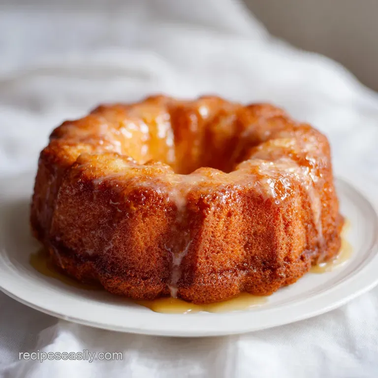 A warm, tender slice of cinnamon swirled cake on a white plate, drizzled with a shiny glaze.