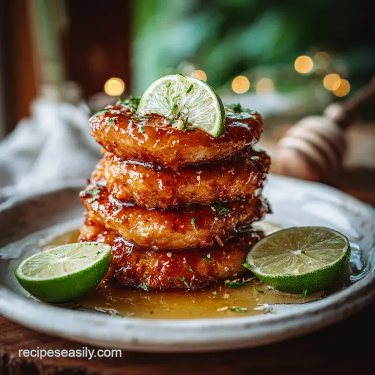 Elegant honey-lime chicken tower. Juicy chicken breast glistens atop a bed of fluffy quinoa. Bright peppers add a pop of c...
