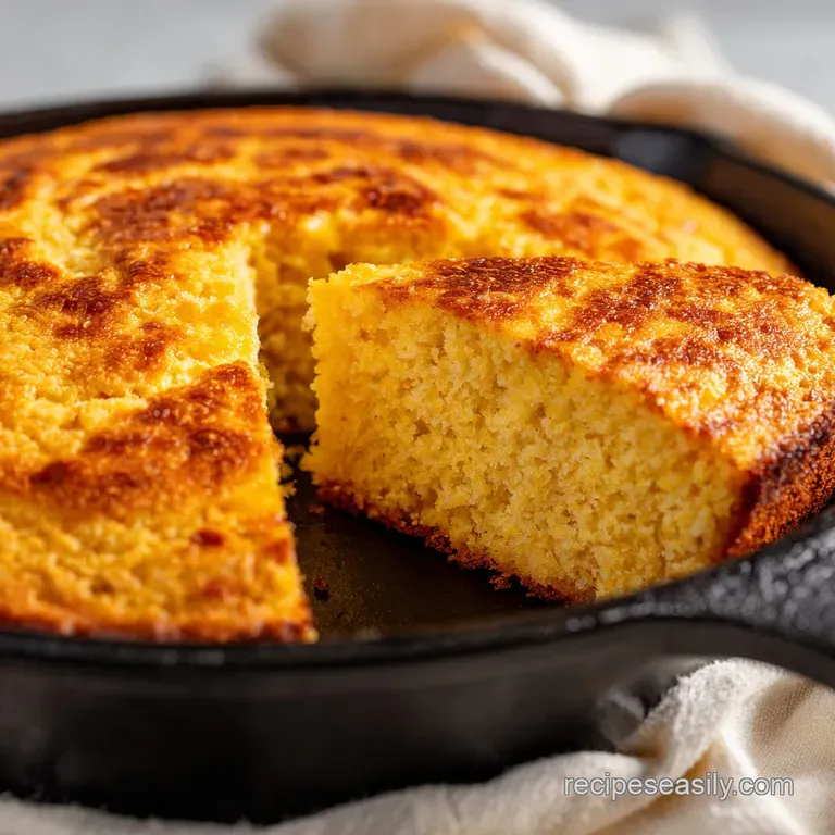 A thick wedge of golden cornbread topped with melting butter on a white ceramic plate with a rustic linen napkin.