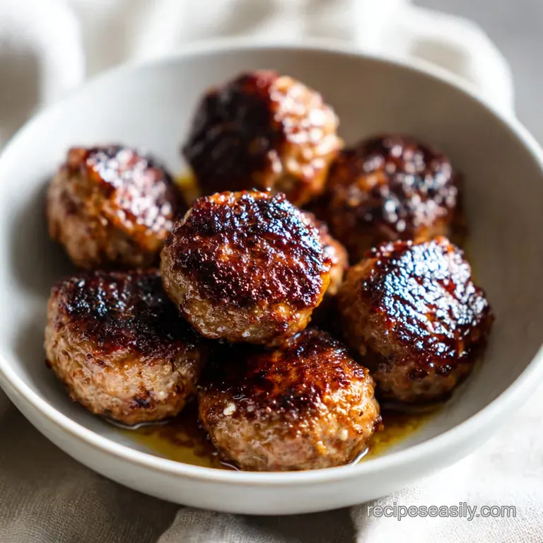 Three seared meatballs resting on creamy mashed potatoes, drizzled with glossy gravy and a sprig of fresh parsley.