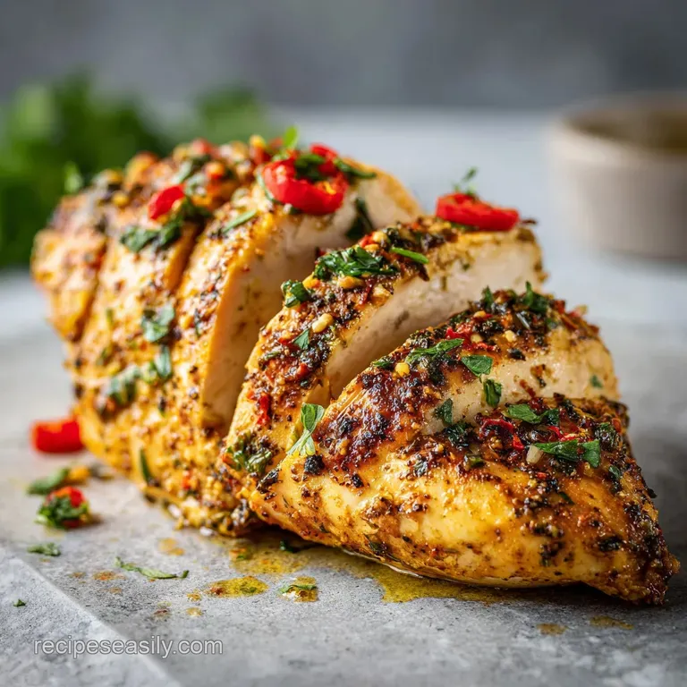 Juicy chicken breast, sliced to reveal a tender, moist interior, artfully arranged with vibrant herb garnishes.