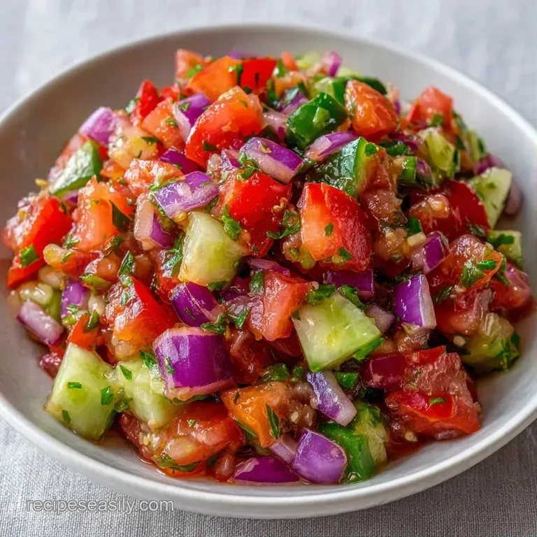 Colorful diced cucumbers, red tomatoes, and onions in a white bowl, garnished with bright green cilantro leaves.