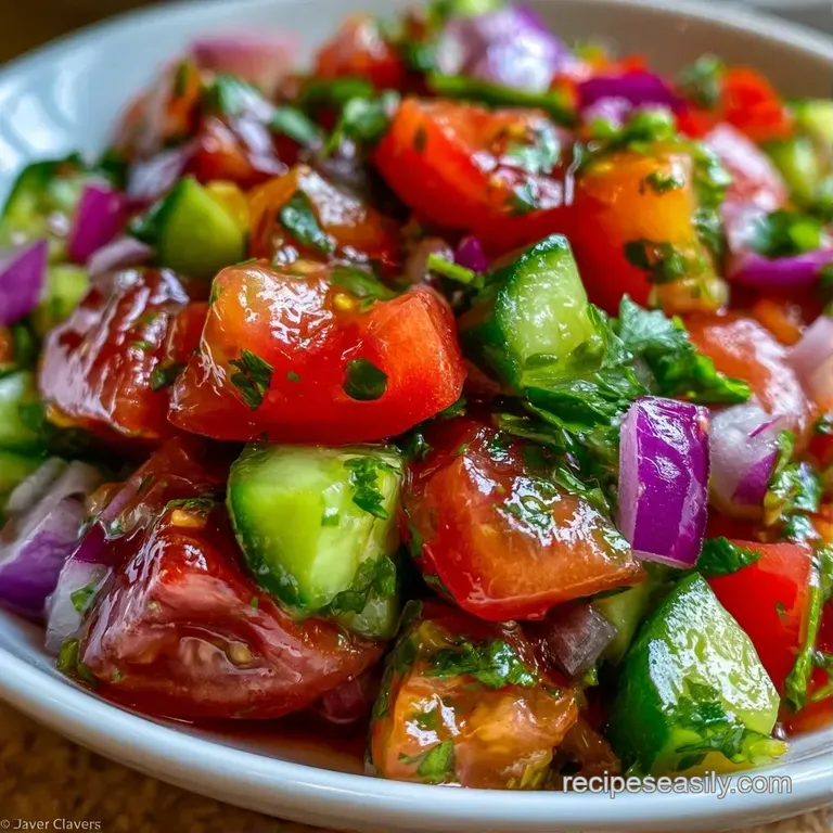 Finely diced red and green vegetables in a minimalist white bowl, topped with a fresh cilantro leaf garnish.