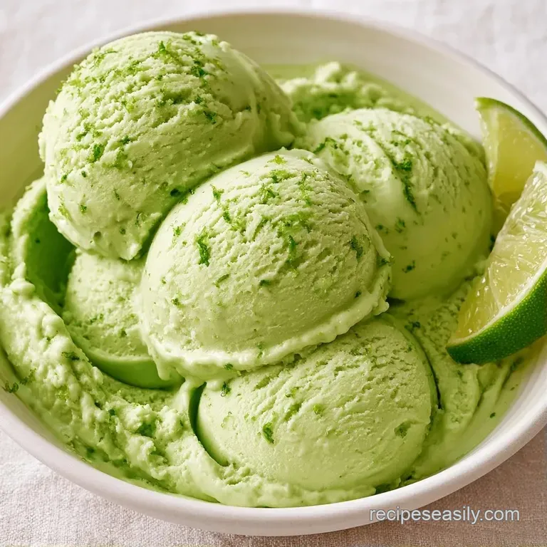 Elegant scoops of pale green frozen dessert garnished with fresh lime wheels and a sprinkle of buttery crumbs.