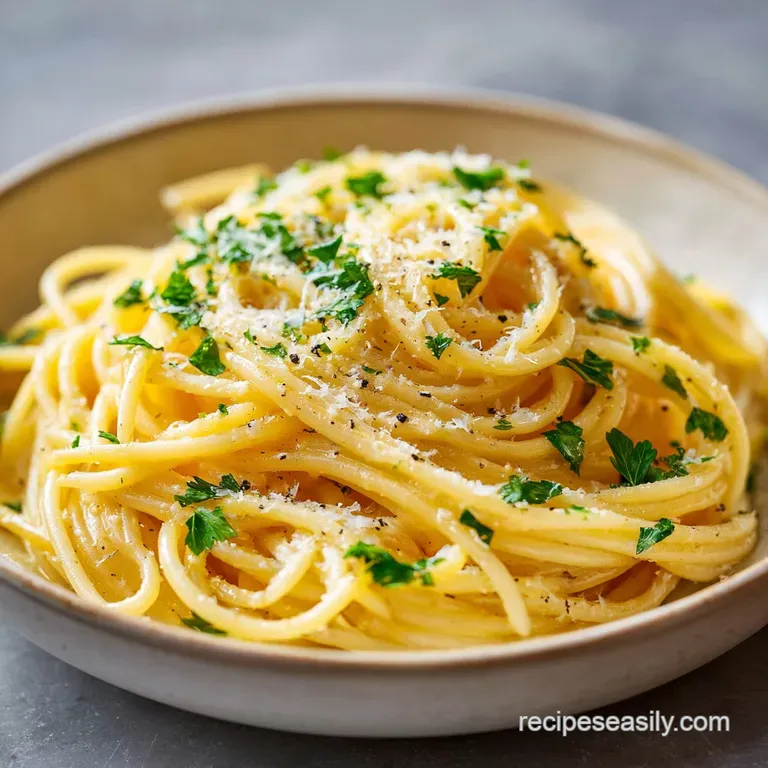 Elegant twirl of pasta coated in a bright, buttery sauce, garnished with herbs and lemon, presented on white porcelain.