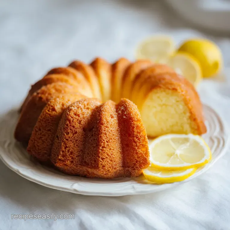 A slice of moist pound cake, dusted with powdered sugar, sits on a elegant dessert plate with berries.