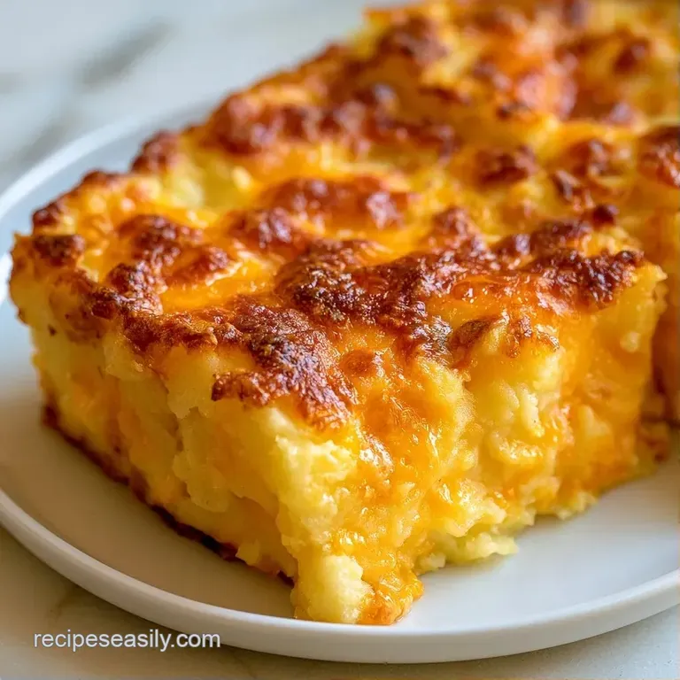A square scoop of cheesy potatoes on a plate, garnished with sliced green onions and a dollop of cool sour cream.