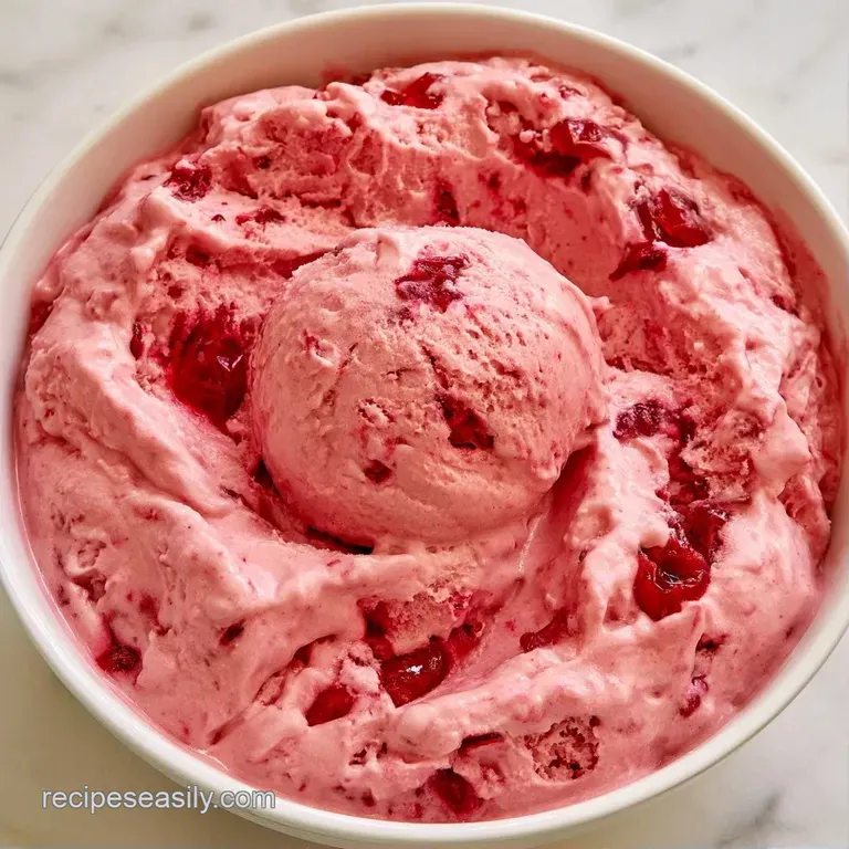 Elegant glass bowl holding soft pink frozen scoops, drizzled with ruby red syrup and garnished with fresh cherries.