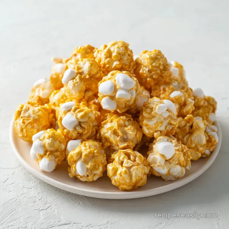 Glossy, round clusters of popped corn and melted sugar arranged neatly on a clean white marble surface.