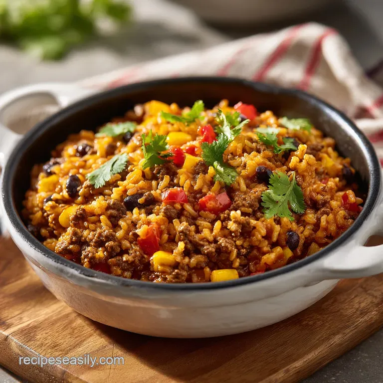 A neatly portioned skillet meal on a rustic plate, showcasing seasoned ground beef and fluffy rice.