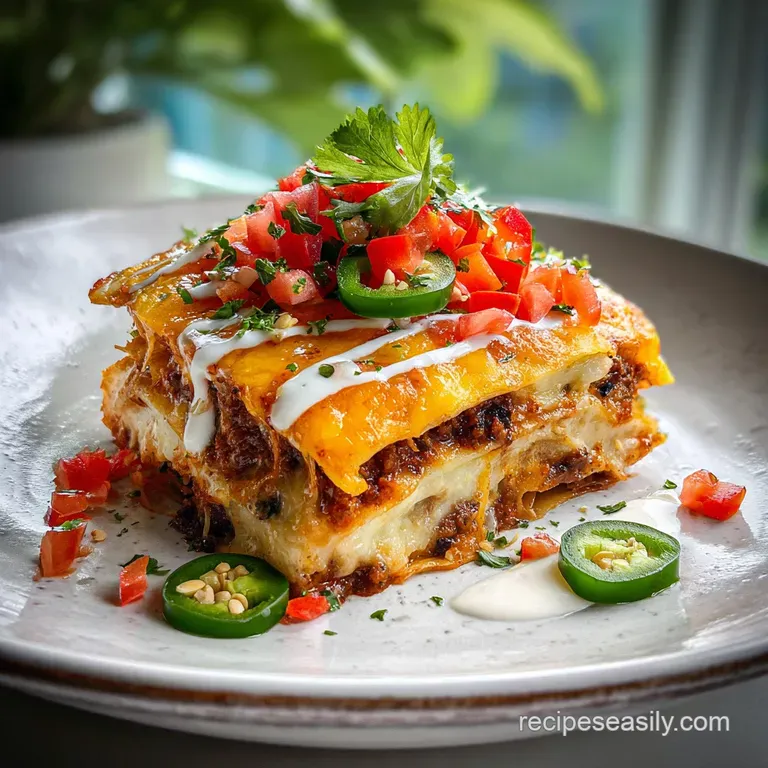 Slice of a layered casserole showing distinct layers of rich, cheesy fillings and vibrant toppings. Inviting, rustic appeal.