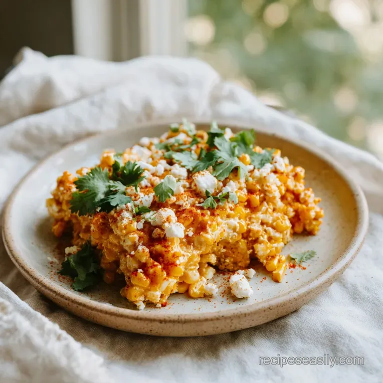 Scoop of creamy corn casserole artfully plated, topped with crumbled cotija cheese and a lime wedge.