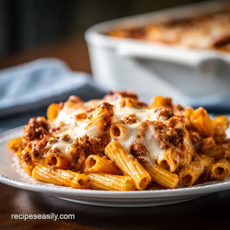 Individual serving of baked ziti with a browned, crusty top layer of cheese, garnished with fresh basil on a white plate.