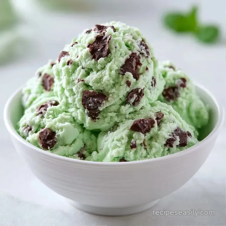 Three pale ivory ice cream scoops with dark chocolate chips on a white marble platter with a sprig of mint.
