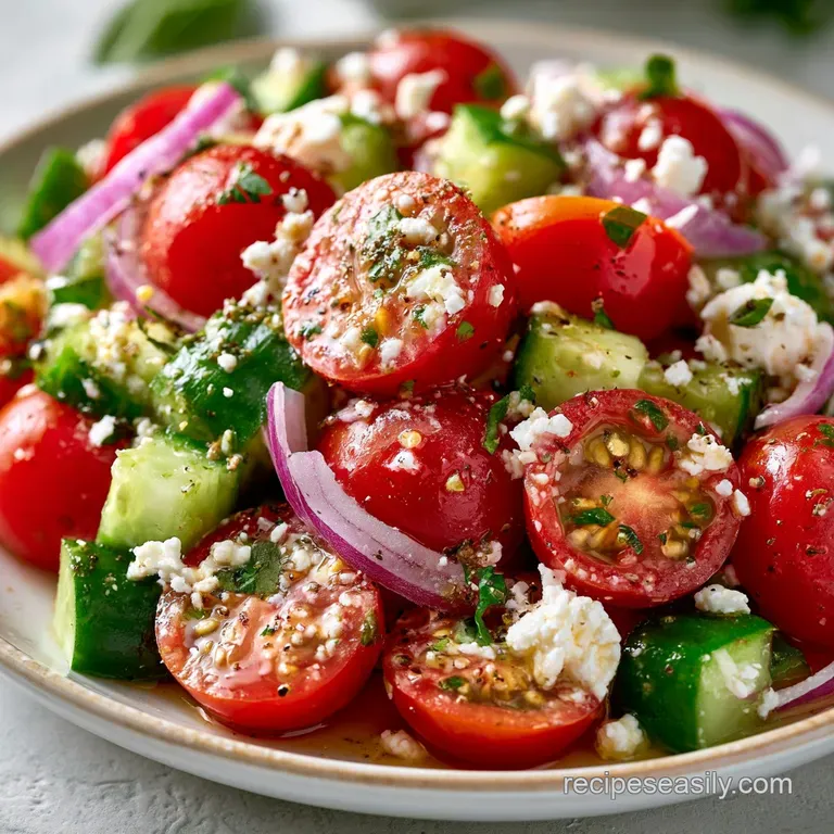 Vibrant chunks of cucumber and tomato tossed with white feta in a white ceramic bowl with a drizzle of olive oil.