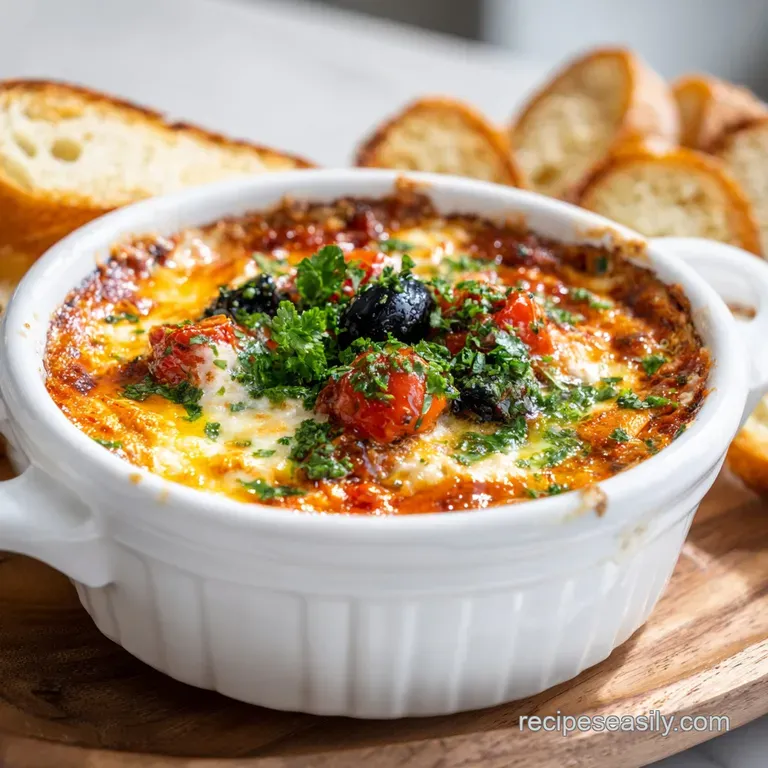 Creamy muffuletta dip in a stoneware bowl, garnished with chopped olives & peppers, served with golden-brown toasted bread.
