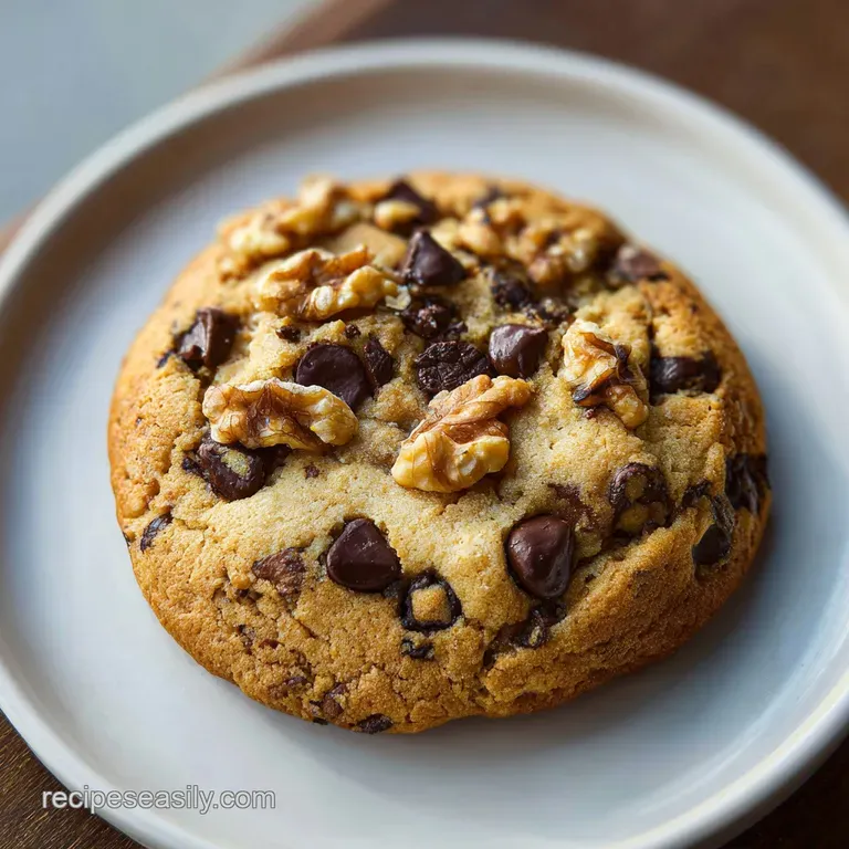 Three perfectly baked chocolate chip cookies artfully arranged on a white plate, with melted chocolate chips.