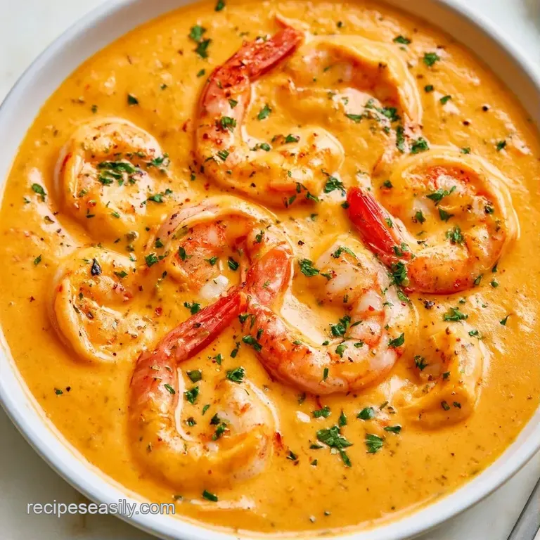 Elegant white bowl of velvety shrimp bisque with a cream swirl, scattered corn kernels, and a pink shrimp on the rim.