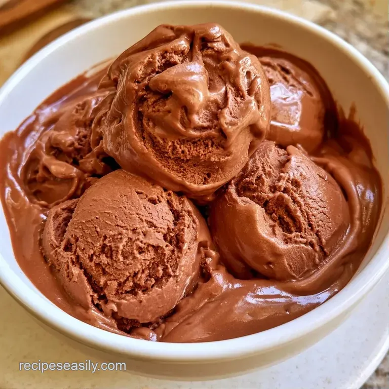 Perfectly round dark brown frozen scoops on a white platter with swirls of creamy white sauce and a mint sprig.