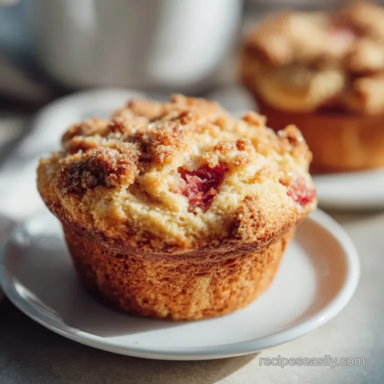 A stack of warm, fluffy rhubarb muffins served with a dollop of creamy butter on a rustic plate.