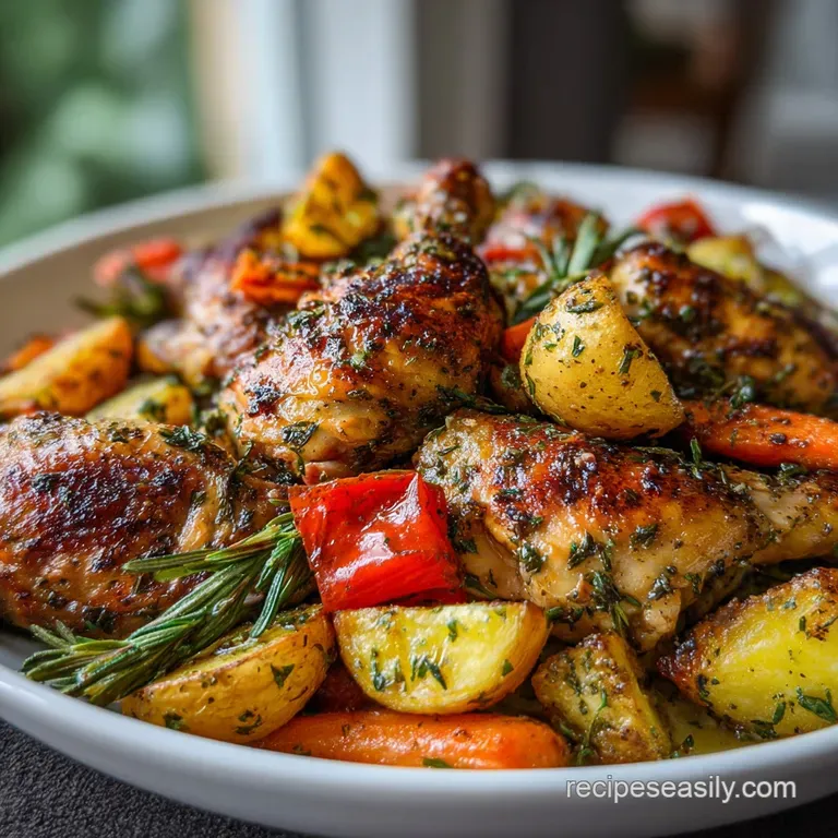 Perfectly plated: Juicy chicken thigh rests on a bed of vibrant, roasted vegetables. Garlic cloves add a rustic touch.