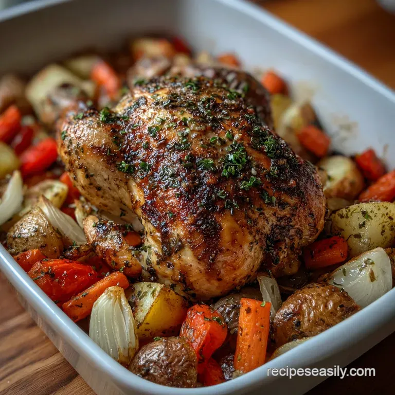 Easy One Pan Roasted Chicken and Vegetables with Garlic and Herbs: Crispy Skin