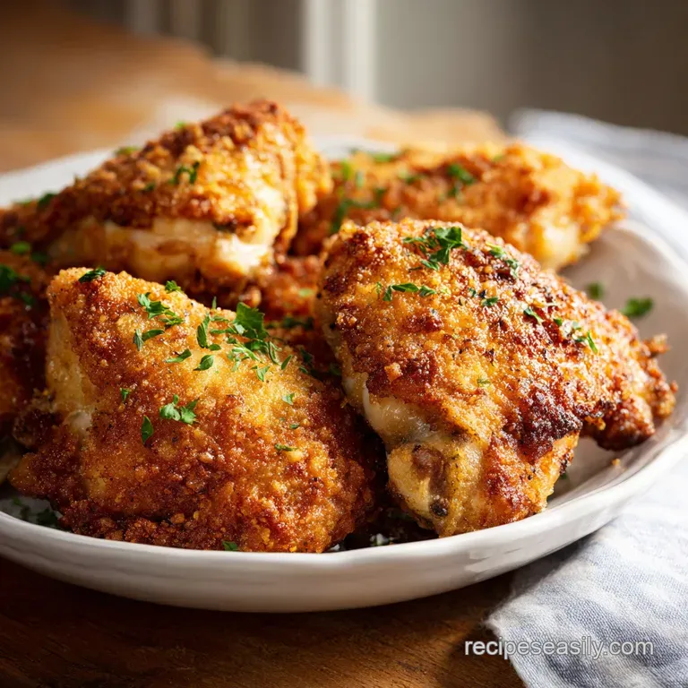 Artfully arranged baked chicken thighs with vibrant green herbs and a swirl of creamy sauce on a white plate.