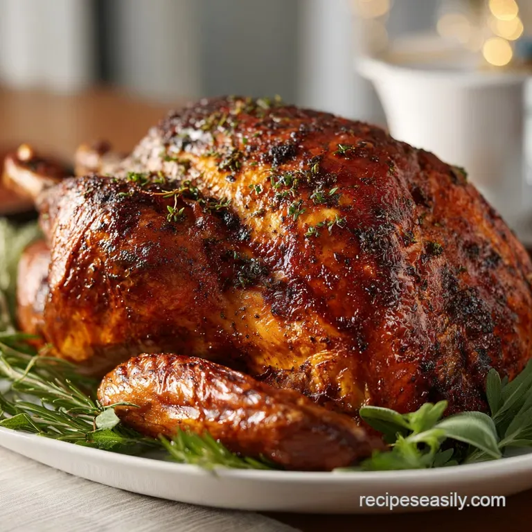 Juicy turkey slices artfully arranged on a white plate, drizzled with pan juices and a sprig of rosemary.