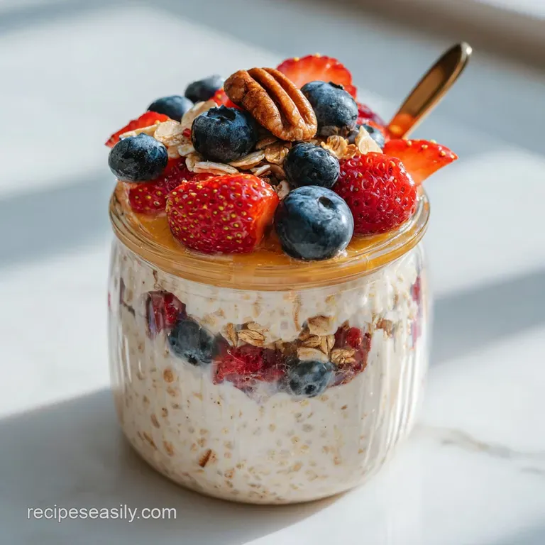 Elegant glass bowl filled with layered overnight oats. Glossy berries and crunchy granola add visual appeal to the creamy ...