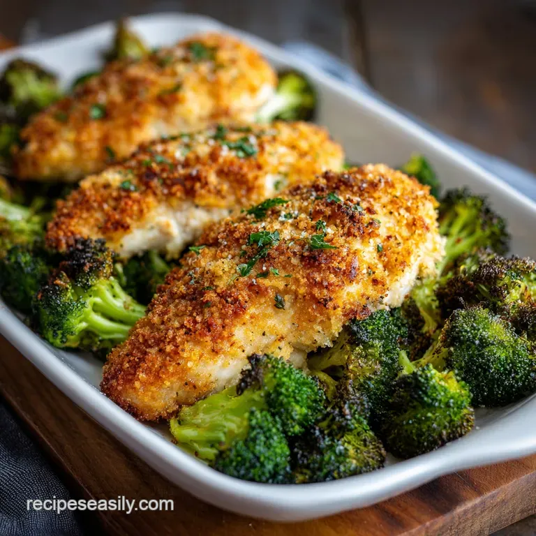 Plated Parmesan-crusted chicken breast with vibrant green broccoli. Crispy golden crust contrasts with the juicy chicken. ...