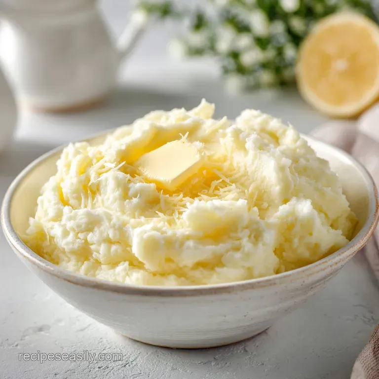A generous scoop of pale yellow mashed potatoes topped with grated parmesan, served beside a sprig of thyme on a white plate.