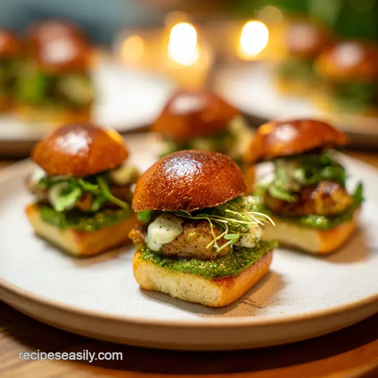 A single mini-slider, oozing cheese and nestled on a white plate, garnished with a vibrant green sprig of parsley for visu...