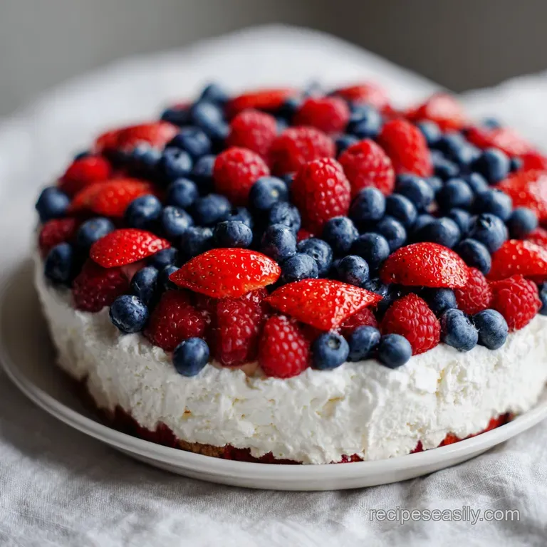A tall glass showcasing bright red berries nestled amongst fluffy white cream and dark blue blueberries.