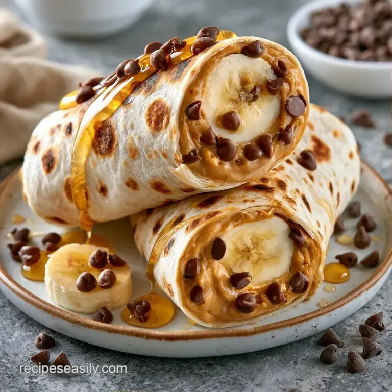 Neatly sliced wrap rounds on a white ceramic plate, showing layers of creamy nut butter and fresh yellow banana.