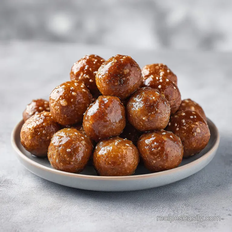 Plump, saucy meatballs artfully arranged on a white plate, a rich, glossy pepper glaze catching the light.