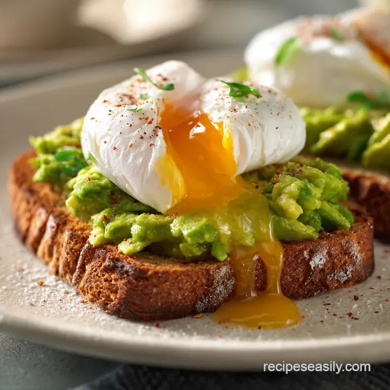 Avocado toast artfully arranged on a white plate; runny yolk cascading down, sprinkled with red pepper flakes and fresh he...