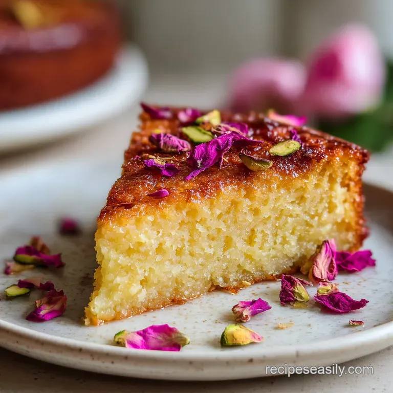 Slice of Love Cake on a white plate dusted with powdered sugar. Rose petals scattered around, creating a romantic and eleg...