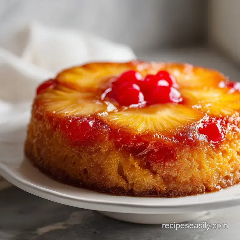 A slice of tender pineapple cake with amber caramel drizzle, served on a white plate.