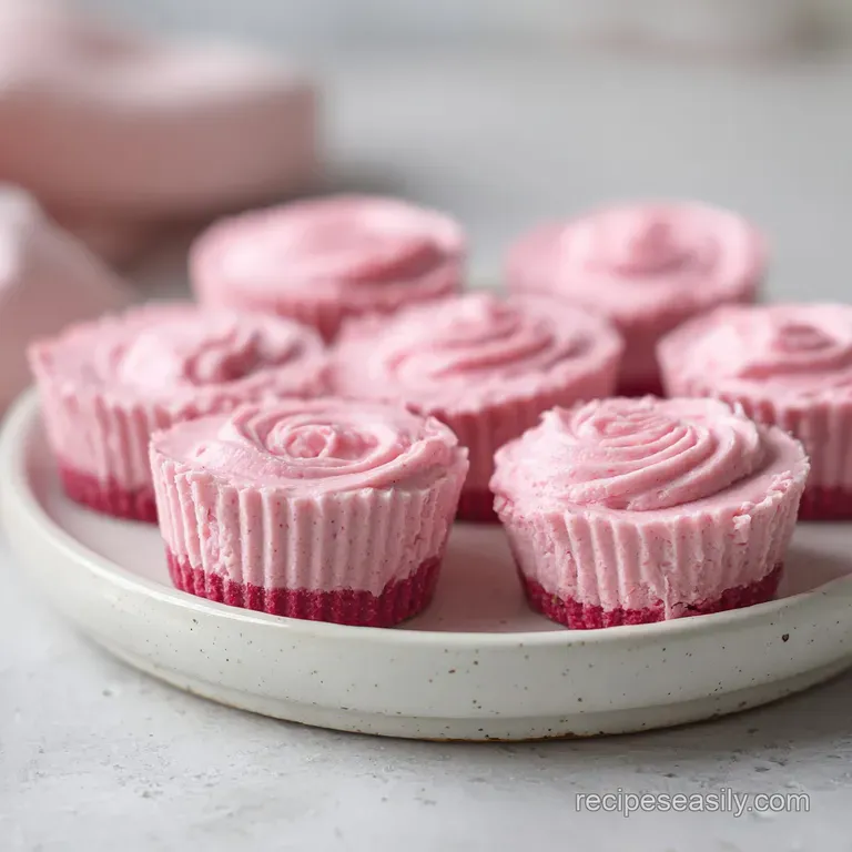 Elegant, bite-sized pink cheesecakes dusted with powdered sugar; a tempting dessert with a creamy filling served in a styl...
