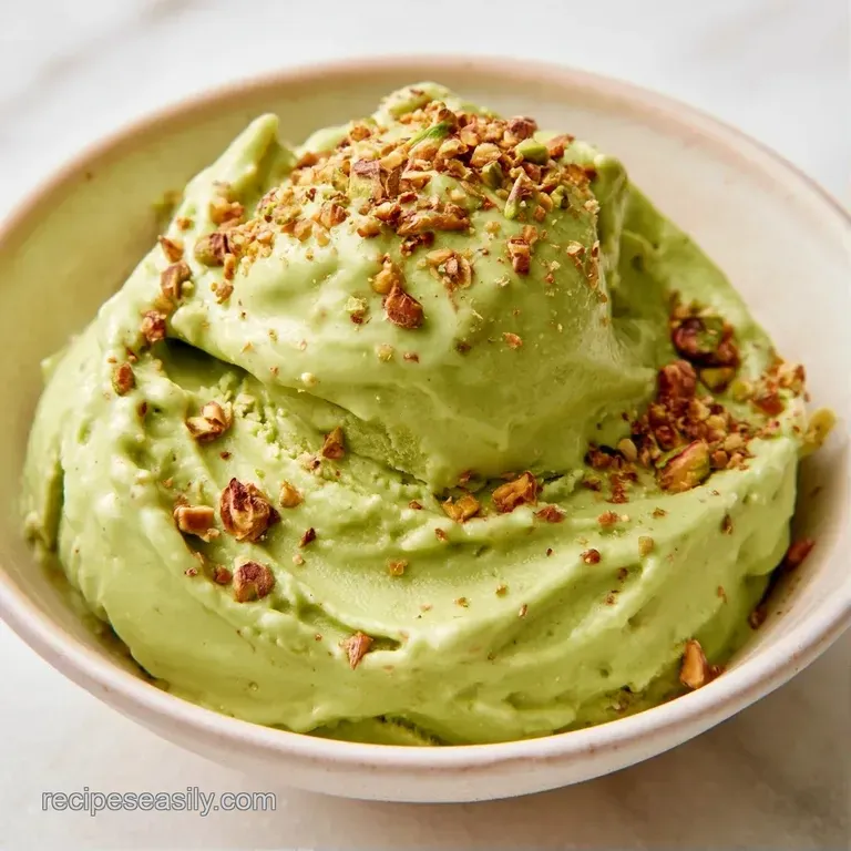 Elegant glass bowl of smooth sage-green frozen dessert topped with crushed nuts and a fresh mint leaf garnish.