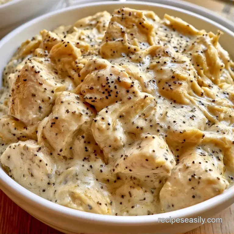 A portion of creamy chicken topped with golden cracker crumbs, served on a white plate beside bright green peas.