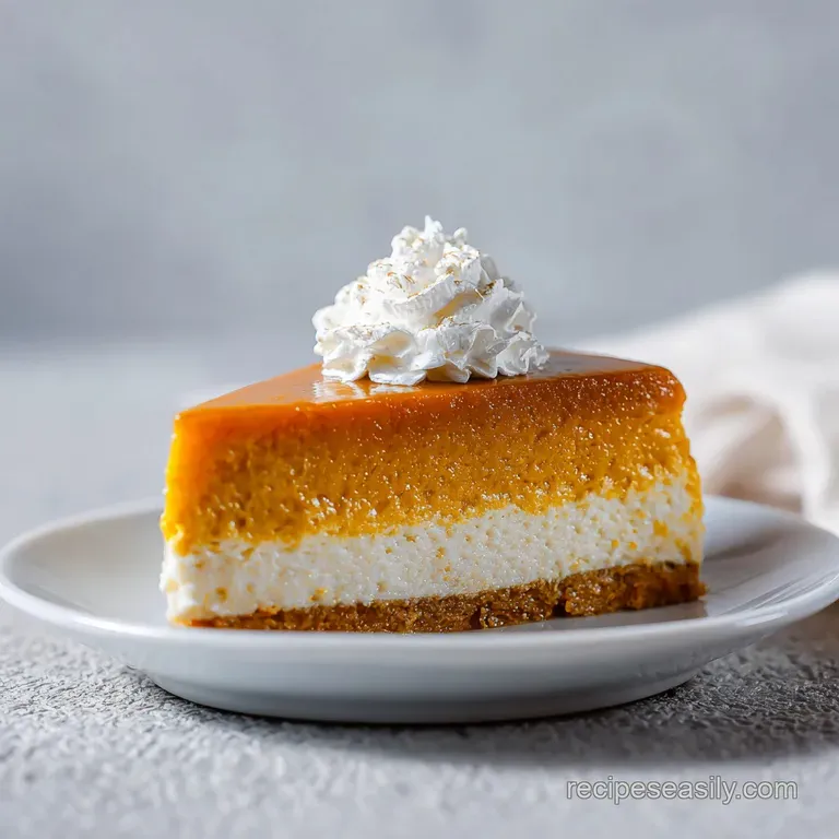 A generous slice of pumpkin cheesecake cake with a smooth, creamy topping on a white plate.