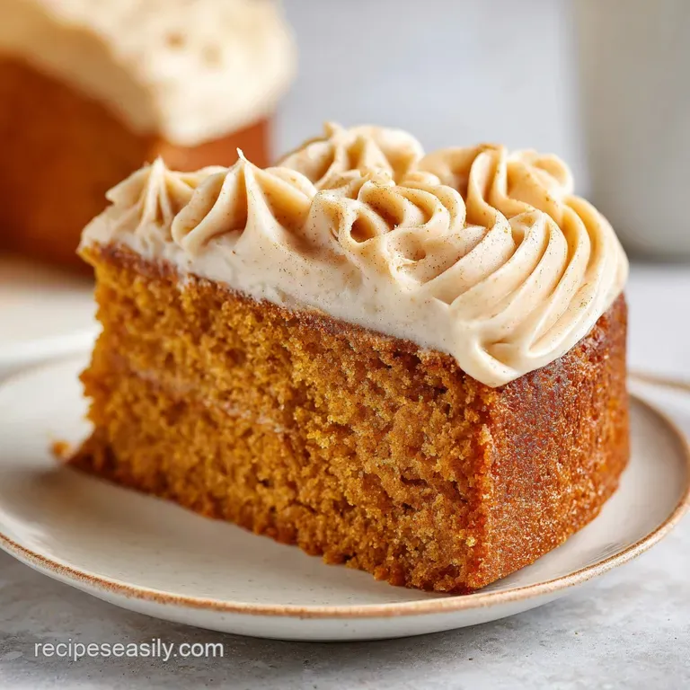 A precise slice of fluffy orange sponge cake on a white plate with a dollop of cream and a dusting of spice.