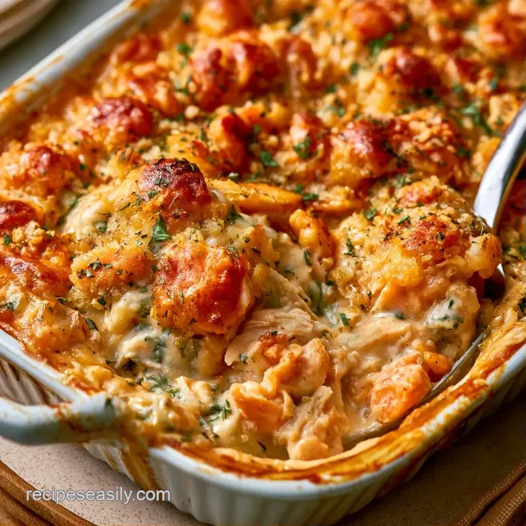 A portion of creamy chicken bake with a golden cracker topping served on a white plate beside fresh steamed broccoli.