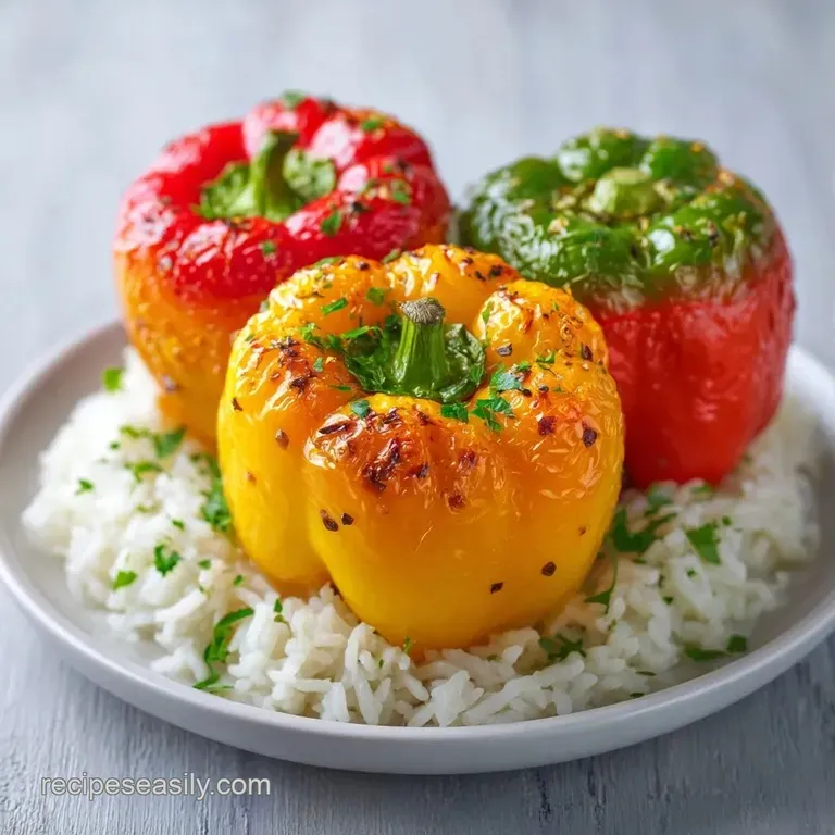 Charred red and yellow peppers arranged beside fluffy herbed rice and sliced avocado on a clean white ceramic plate.