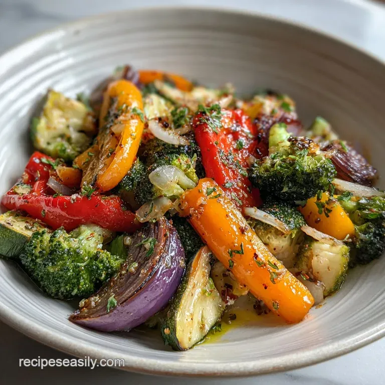 A colorful mix of saut&eacute;ed vegetables, plated elegantly, with a drizzle of garlic butter sauce and fresh herbs sprinkled on...