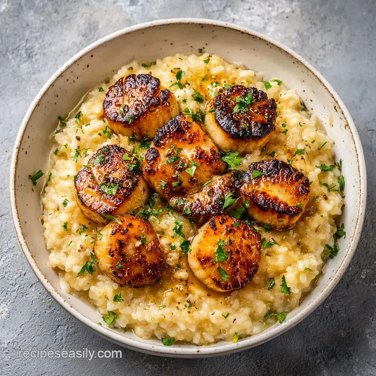 Perfectly seared scallops sit atop a creamy bed of risotto, drizzled with bright lemon butter. Elegant plating with vibran...
