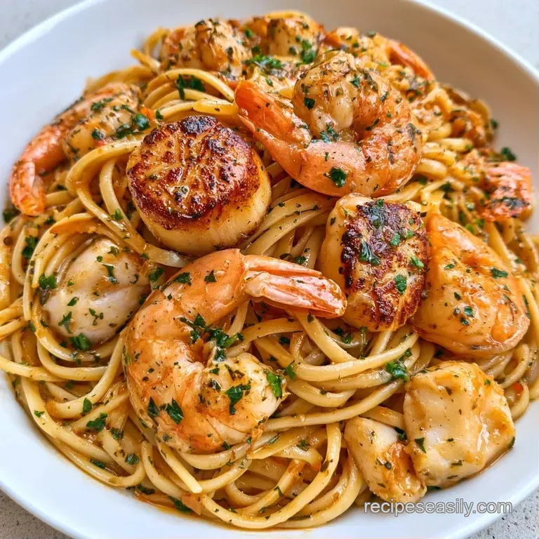 Elegant plate of glossy linguine twirled into a nest, topped with plump shrimp and tender scallops beside pale cod pieces.