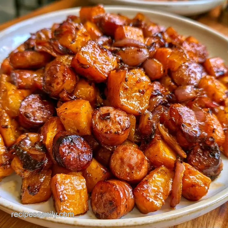 Colorful arrangement of roasted orange squash and browned sausage slices on a minimalist white ceramic platter.