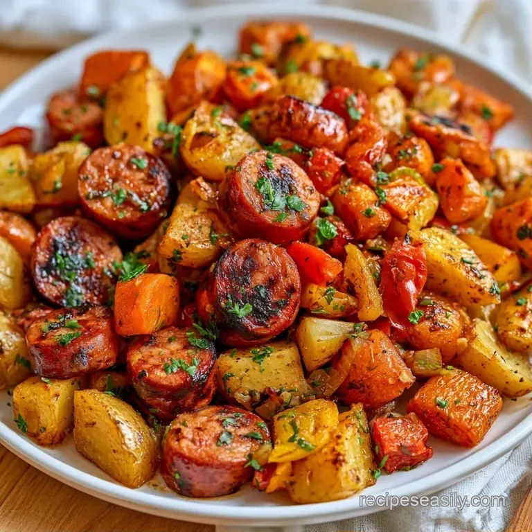 Sliced browned sausage and vibrant roasted vegetables arranged on a white plate with a sprinkle of fresh parsley.